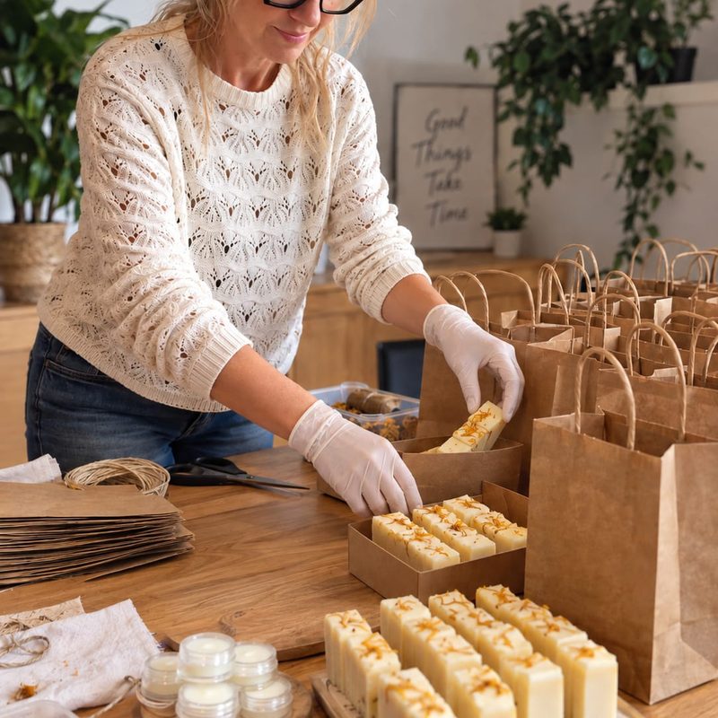 Sylwia packing handmade soap bars into kraft boxes and paper bags at a wooden workshop table