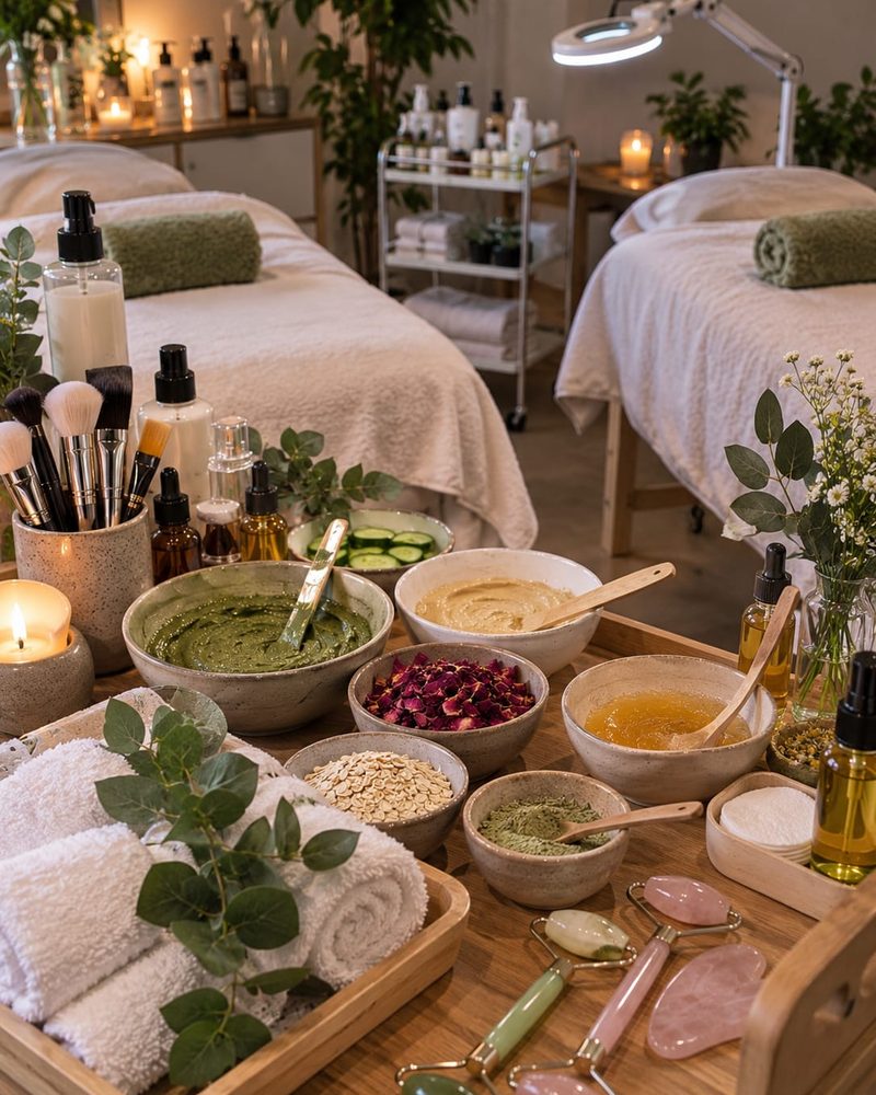 A prepared workshop table with bowls of natural ingredients, brushes, folded towels and candles, ready before a session